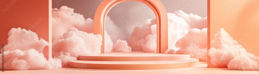 Poster Elegant platform display surrounded by fluffy clouds and archway