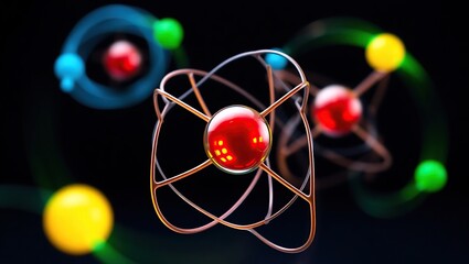 Atom models showcasing vibrant, swirling electron orbits, allowing for seamless integration into various commercial and professional projects, with a focus on physics and chemistry.