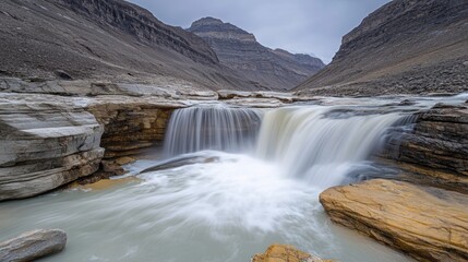 Obraz premium A wild, untamed waterfall in a remote mountainous region, surrounded by rugged terrain
