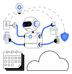 Robot with multiple arms performing tasks analyzing a DNA sample, transferring data, maintaining security, and scheduling. Ideal for technology, AI, automation, robotics, research data management