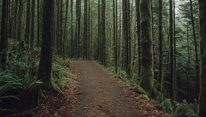 Forest trail path, mossy trees, Pacific Northwest, hiking, nature background