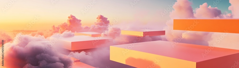 Poster abstract platforms float among pastel clouds in a surreal dreamscape
