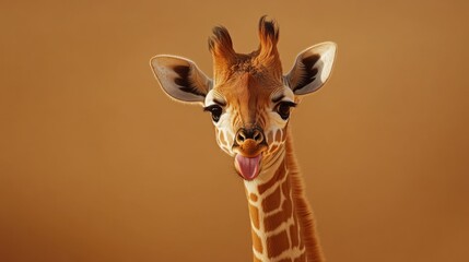 Adorable baby giraffe sticks its tongue out playfully at camera