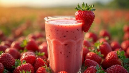Refreshing Strawberry Smoothie Surrounded by Freshly Picked Strawberries