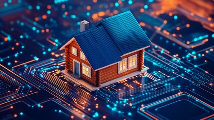 Countryside house on the circuit board background
