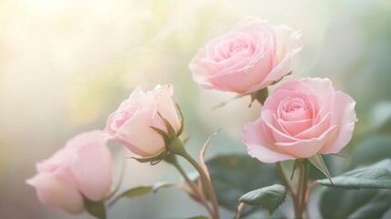 Four soft pink roses bloom beautifully in gentle light