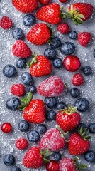 Obraz premium Fresh berries, scattered, gray background, food photography, recipe website