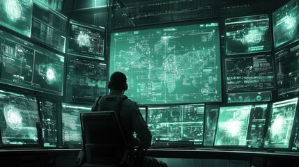 Fototapeta premium Soldier monitoring global network in command center