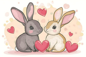 Two adorable rabbits sitting close together surrounded by hearts, symbolizing love and affection