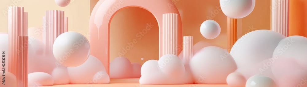 Poster Abstract rendering showcases pastel geometric shapes and floating spheres