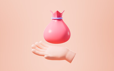 Cartoon hand holds the pink moneybag, financial savings concept, 3d rendering.