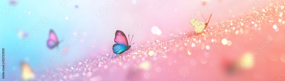 Poster colorful butterflies rest on a shimmering surface with soft lighting