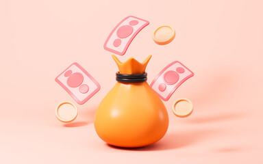 Cartoon moneybag and splashing dollars with pink background, financial savings concept, 3d rendering.