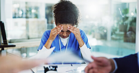 Frustrated woman, nurse and headache with stress in meeting for overworked, anxiety or mistake at...