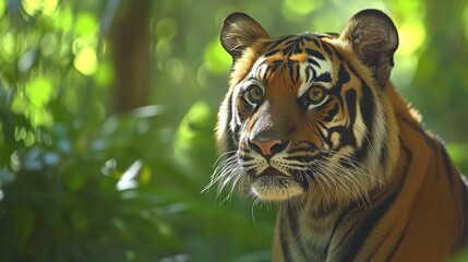 Obraz premium A close-up of a tiger in a lush green environment, showcasing its striking features.