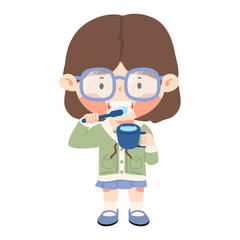 child holding a cup of water while brushing their teeth