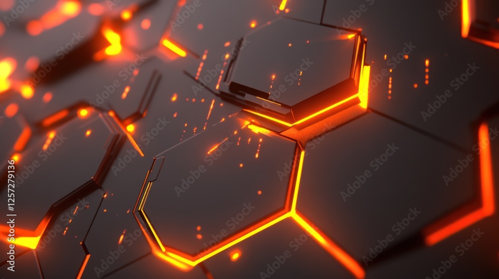 Poster Futuristic glowing orange hexagonal pattern arranged in a tight grid