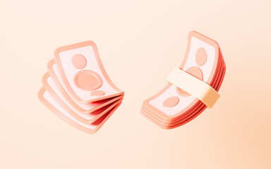 Cartoon paper bills stack, flying banknotes, 3d rendering.