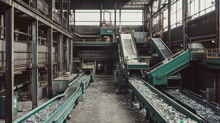 Recycling plant interior with conveyor belts processing plastic and glass