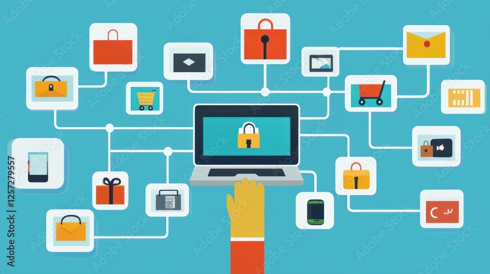 Poster secure online shopping network with a laptop and hand