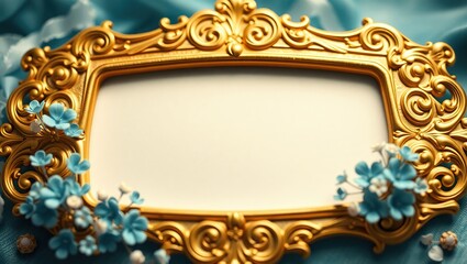 Golden frame surrounding a blank, creamy white invitation card, adorned with swirling patterns and delicate, small flowers in shades of soft blue, evoking a sense of luxury and sophistication.