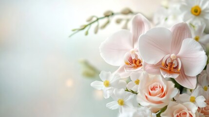 Soft pink orchids roses and narcissus flowers create delicate bouquet