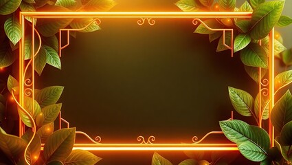 Neon golden frame with intricate details, set against a lush green leaves background. The atmosphere is warm and inviting, with soft lighting that evokes a sense of sophistication and elegance.