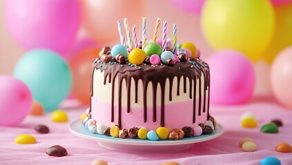 Delicious Chocolate Drip Cake Decorated with Colorful Candies and Candles for Festive Celebrations