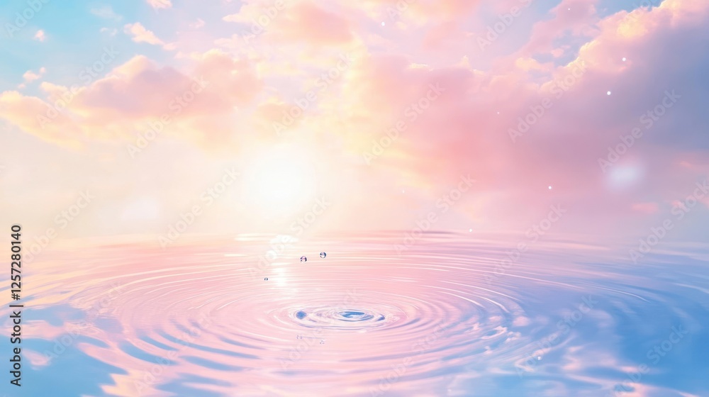 Poster dreamy sky reflecting on water with droplet creating ripples