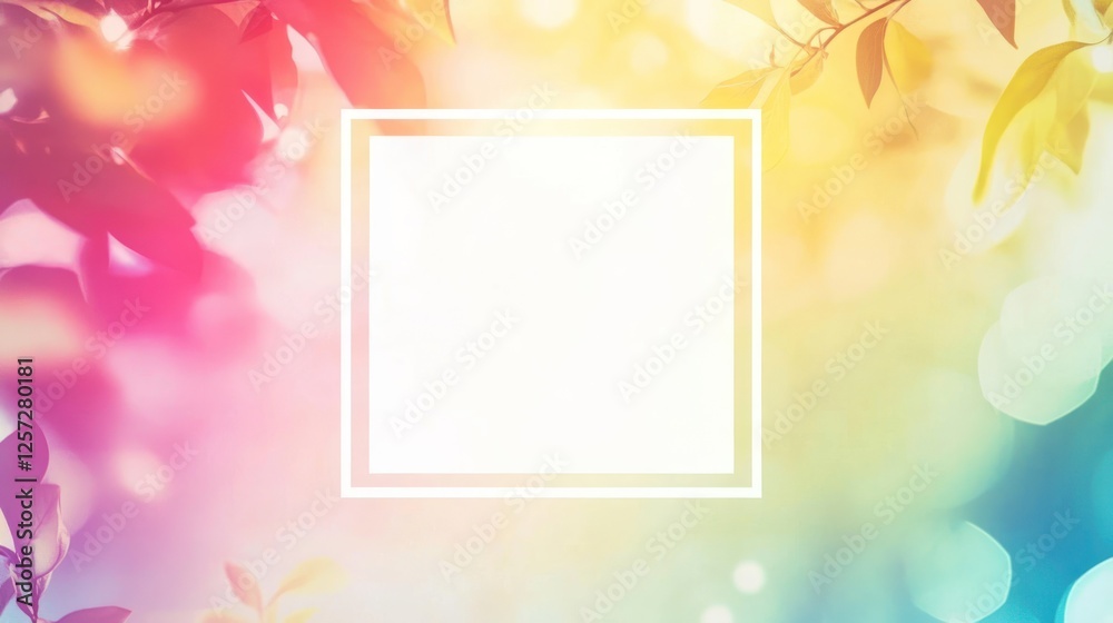 Poster Square frame surrounded by colorful bokeh and leaves background