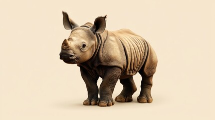 Fototapeta premium A baby rhinoceros standing on a beige colored background