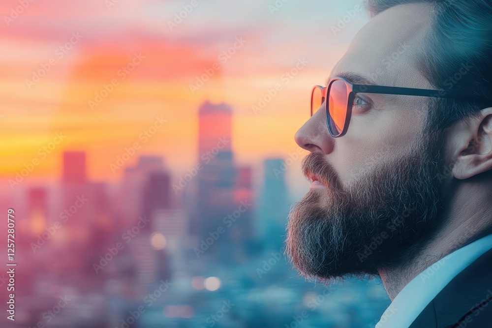 Poster man with glasses observing a cityscape from a high vantage point during daytime