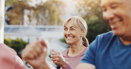 Senior woman, exercise and group in garden at retirement village, health and fitness class in morning. Elderly people, workout and together outdoor for cardio training, excited and wellness in summer
