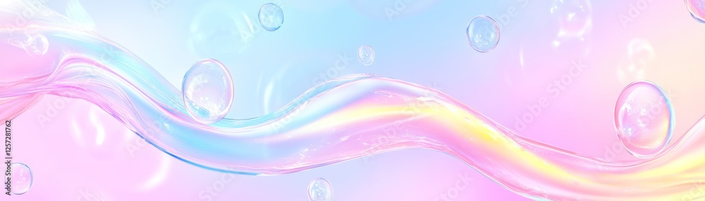 Poster Iridescent wave effect with floating bubbles on soft pastel gradient