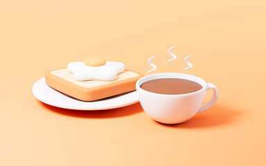 Cartoon coffee and sliced bread, breakfast time, 3d rendering.