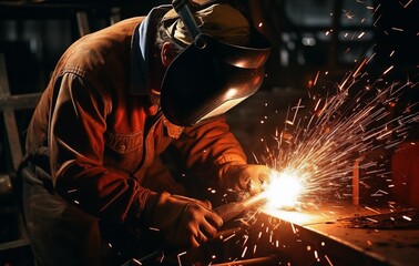 A skilled welder applies expert techniques in a workshop, focusing intently on metalwork. Sparks fly from heated metal as the evening light casts a warm glow around the scene