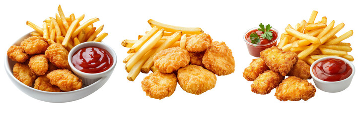Set of A close-up shot of a paper plate piled high with crispy golden French fries and golden-brown chicken nuggets on transparent png background. Ai generated