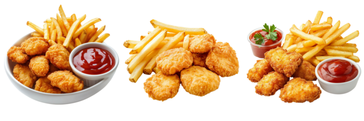 Set of A close-up shot of a paper plate piled high with crispy golden French fries and golden-brown chicken nuggets on transparent png background. Ai generated
