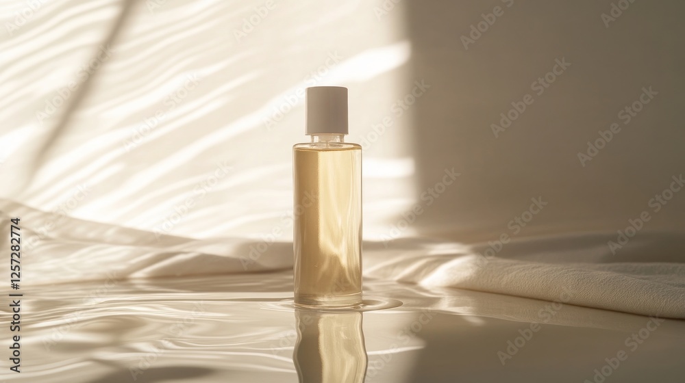 Poster clear bottle with liquid on reflective surface under light shadows