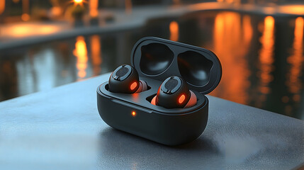 3D Render Wireless Earbuds, Charging Case, Poolside Relaxation