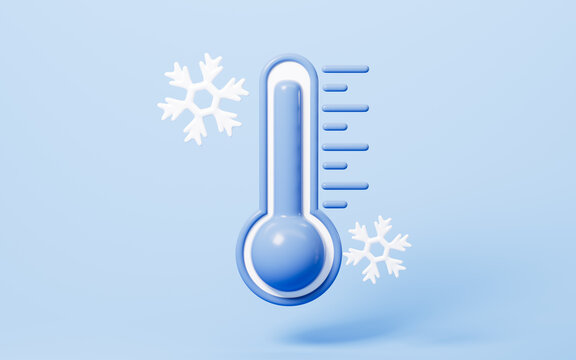 Cartoon thermometer and snowflake, winter temperature drop, 3d rendering.