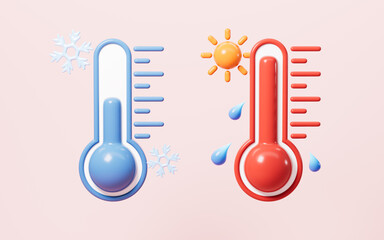 Cartoon thermometer model, high and low temperature models, 3d rendering.