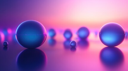 A collection of spheres rests on a glossy reflective surface