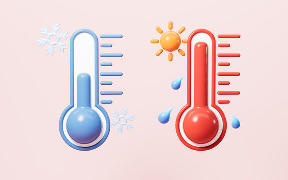 Cartoon thermometer model, high and low temperature models, 3d rendering.