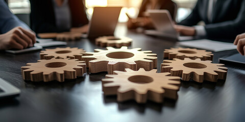 Wooden gears on a table in a modern office setting with business professionals engaged in collaboration and discussion for productive teamwork