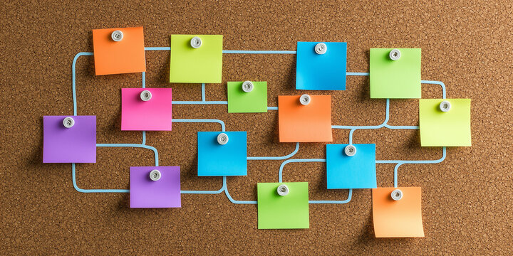 Colorful sticky notes arranged on corkboard with blue lines connecting them, ideal for brainstorming, planning, and organization ideas in creative environments