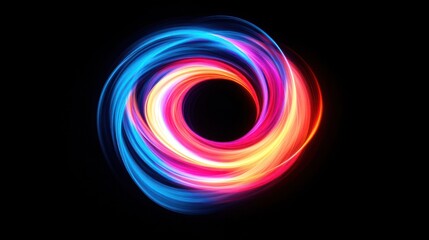 Abstract circular swirl of colorful light trails on black background