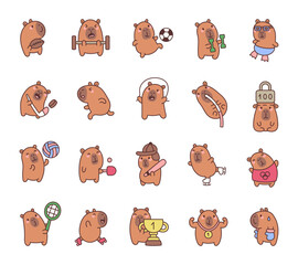 Capybara sport set showing adorable cartoon animals doing different activities like running, swimming, skating, jumping, lifting weights, and winning trophies and medals