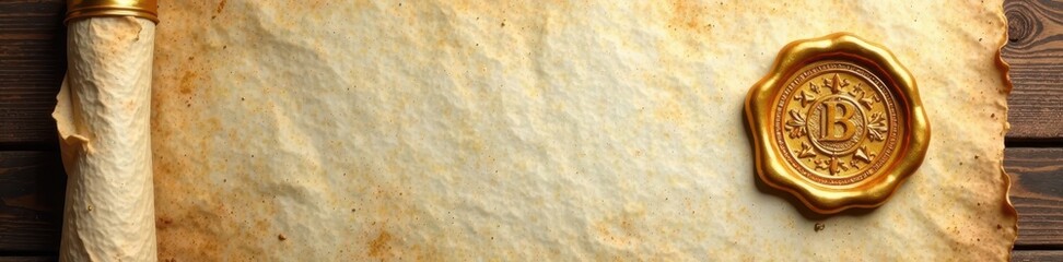 Golden wax seal with ornate design on parchment, parchment, design, certificate