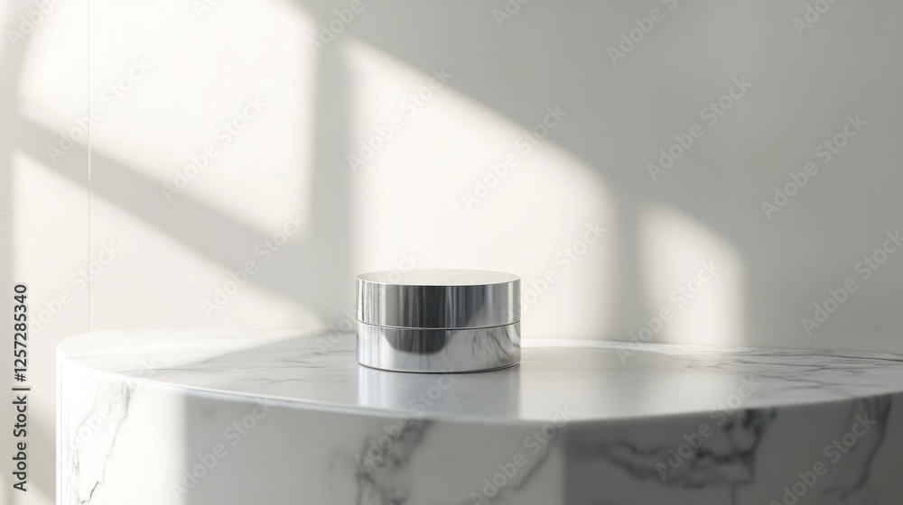 Poster silver cream container resting atop a marble corner table
